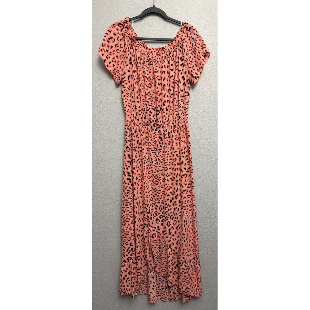 First Love by Lovelyn Pink Leopard Maxi Dress Off Shoulder High Low Ruffle L